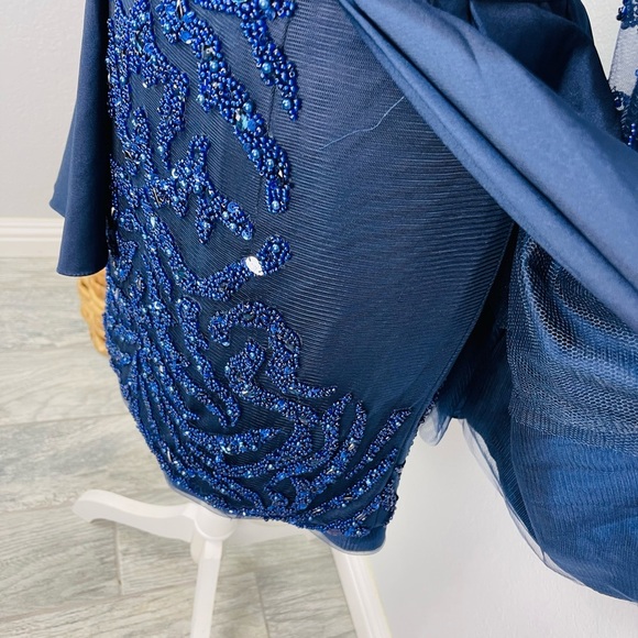 Modessa Couture Blue Embellished Peplum Long Sleeve Prom Homecoming Event Dress - Picture 12 of 16